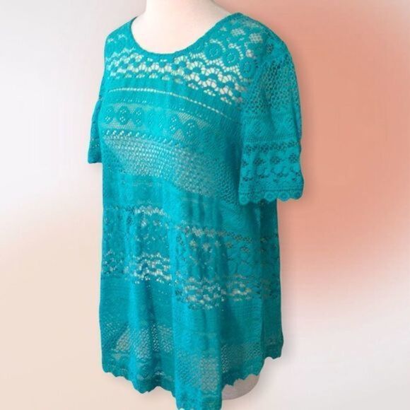 COLDWATER Creek Turquoise Lace Open Weave Swimsuit Cover Tunic L 14 - Picture 3 of 10